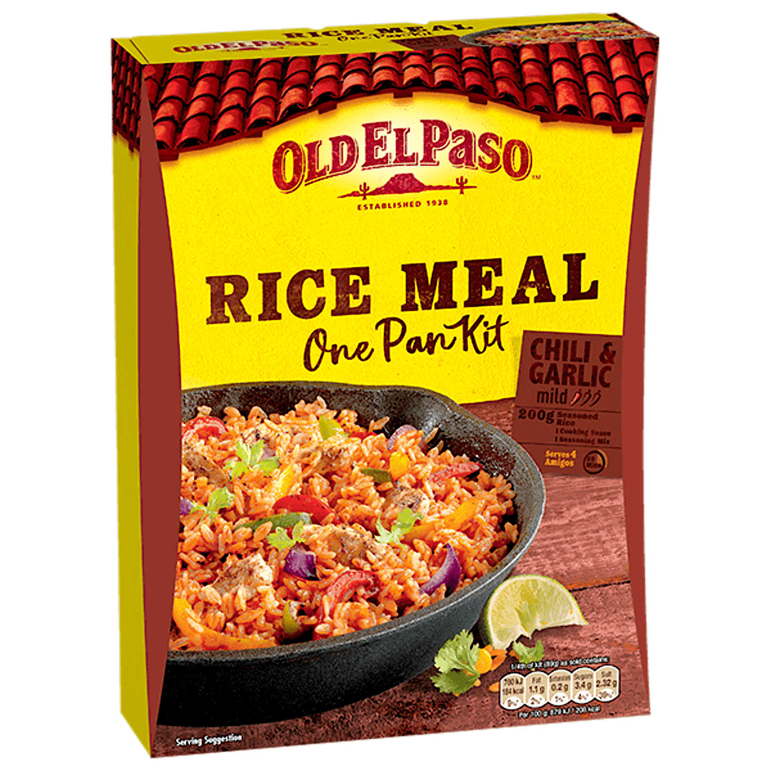 pack of Old El Paso's chili garlic one pan rice meal kit containing seasoned rice, cooking sauce & seasoning mix